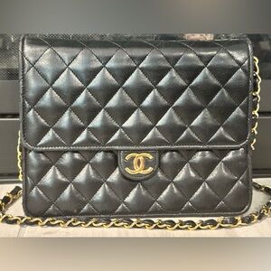 CHANEL 24K Timeless Classic Vintage Small Single Flap Bag Chain Purse Black